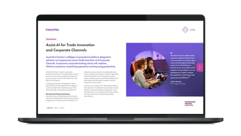 Image of laptop with cover slide for the "Assist.AI – Finastra’s conversational platform for Corporate Banking" factsheet