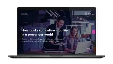 Image of laptop with cover slide of "How banks can deliver stability in a precarious world" white paper