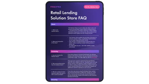 Image of tablet with cover slide of "Retail Lending Solution Store FAQ" infographic