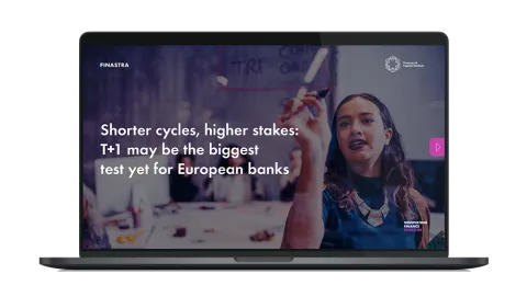 Image of laptop with cover slide for the "Shorter cycles, higher stakes: T+1 may be the biggest test yet for European banks" white paper