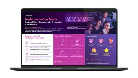 Image of laptop with cover slide of "Trade Innovation Nexus: Driving efficiency, interoperability & innovation in trade finance" infographic