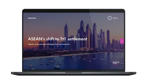Image of laptop with cover slide of "ASEAN’s shift to T+1 settlement: Impacts and actionable strategies for bank treasuries" white paper