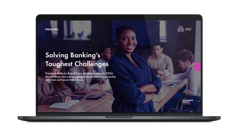 Image of laptop with cover slide of "Key Take Aways - Solving banking’s toughest challenges: Practical paths to rapid core modernization in 2026" whitepaper
