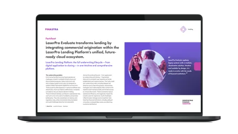 Image of laptop with cover slide of "LaserPro Evaluate: Modernize commercial Lending with cloud-native tech" brochure