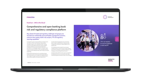 Image of tablet with cover slide of "Next-generation banking risk & regulatory management platform" factsheet