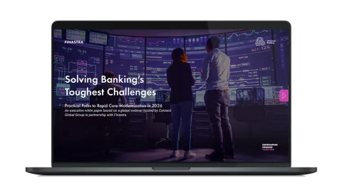 Image of laptop with cover slide of "Solving banking’s toughest challenges: Practical paths to rapid core modernization in 2026" white paper
