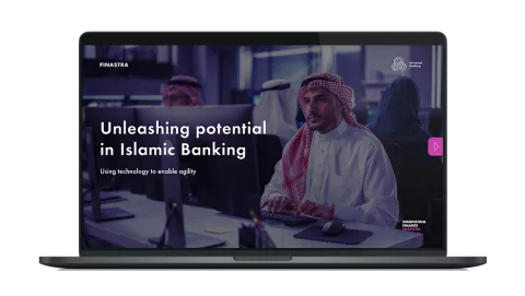 Image of laptop with cover slide for "Unleashing potential in Islamic banking" white paper