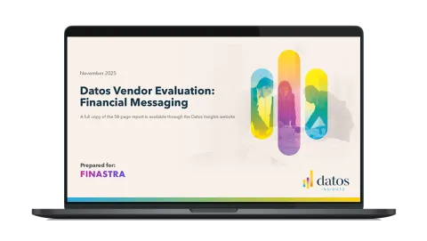 Image of laptop with cover slide of "Datos Insights vendor evaluation: Financial Messaging" report