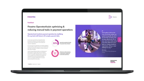 Image of laptop with cover slide of "Finastra OperatorAssist - Unlocking end‑to‑end efficiency and enhancing customer outcomes" brochure