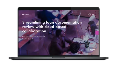 Image of laptop with cover slide of "Streamlining loan documentation review with cloud-based collaboration" white paper