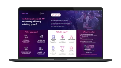 Image of laptop with cover slide for the "Transform Trade Finance with Trade Innovation 2.11.3.0" infographic