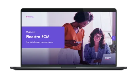 Image of laptop with cover slide of "Finastra ECM: Your digital content center" factsheet
