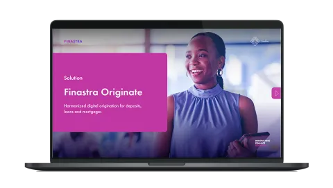 Image of laptop with cover slide for the "Finastra Originate - Digital origination for deposits, loans and mortgages" brochure