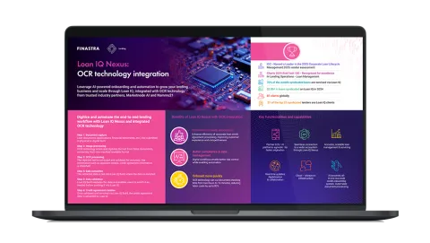 Image of laptop with cover slide of "Loan IQ Nexus and OCR Technology for streamlined loan onboarding" infographic