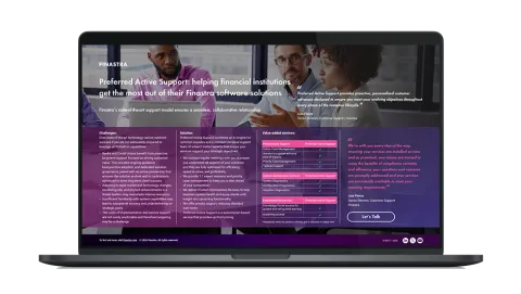 Image of laptop with cover slide for the "Preferred Active Support (Retail Lending): Helping financial institutions get the most out of their Finastra software solutions" infographic