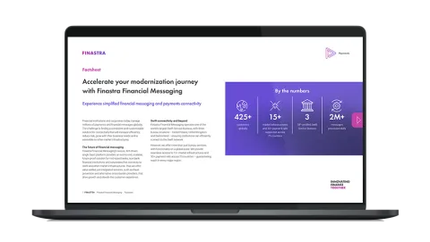 Image of laptop with cover slide for the "Accelerate your modernization journey with Finastra Financial Messaging" brochure