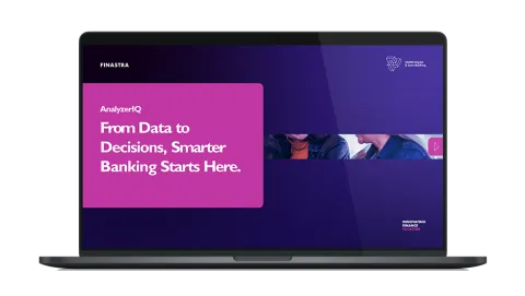 Image of laptop with cover slide of "AnalyzerIQ: From data to decisions, smarter banking starts here" brochure