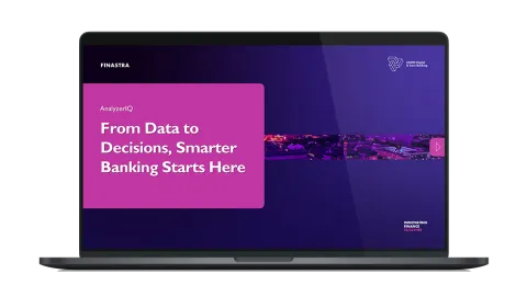 Image of laptop with cover slide of "AnalyzerIQ: From data to decisions, smarter banking starts here" brochure