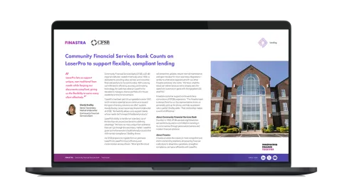 Image of laptop with cover slide for the "Community financial services bank counts on LaserPro to support flexible, compliant lending" infographic