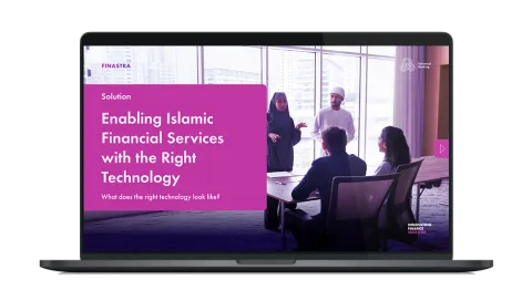 Image of laptop with cover slide for "Enabling Islamic financial services with the right technology" brochure