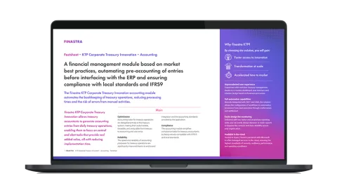 Image of laptop with cover slide of "Finastra KTP Corporate Treasury Innovation - Accounting" brochure