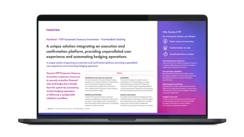 Image of laptop with cover slide of "Finastra KTP Corporate Treasury Innovation - Front-to-Back Dealing" brochure