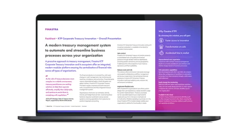 Image of laptop with cover slide of "Finastra KTP - Modernized solution now available" brochure