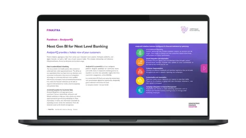 Image of laptop with cover slide of "Next Gen BI for next level banking" factsheet