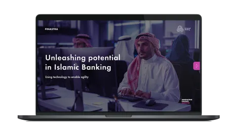 Image of laptop with cover slide for "Unleashing potential in Islamic banking" white paper