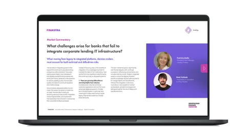 Image of laptop with cover slide of "What challenges arise for banks that fail to integrate corporate lending IT infrastructure?" white paper