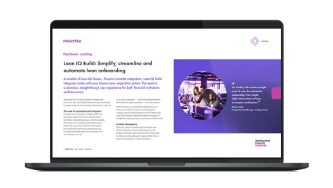 Image of laptop with cover slide for "Loan IQ Build for onboarding (Factsheet)" brochure