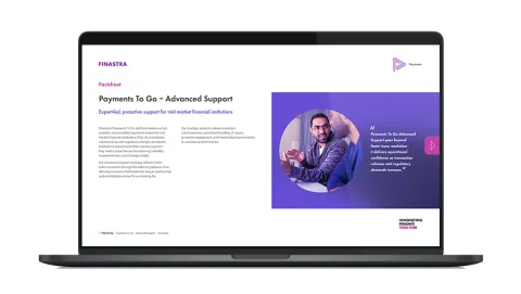 Image of laptop with cover slide of "Payments To Go Advanced Support: Proactive expertise for high‑performance payment operations" brochure