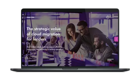 Image of laptop with cover slide of "The strategic value of cloud migration for lenders" white paper