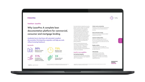Image of laptop with cover slide of "Transform lending efficiency with LaserPro: compliance‑ready documentation for every Loan" factsheet