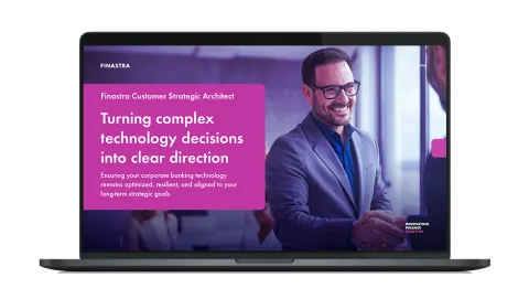 Image of laptop with cover slide of "Finastra Customer Strategic Architect: Turning complex technology decisions into clear direction" brochure