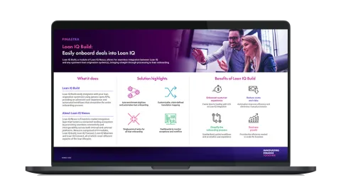 Image of laptop with cover slide of "Loan IQ Build: Simplifying loan onboarding" infographic