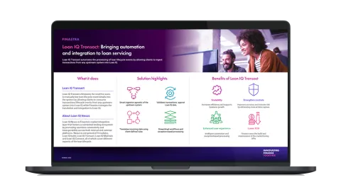 Image of laptop with cover slide of "Loan IQ Transact: Streamlining loan servicing through integration and automation" infographic