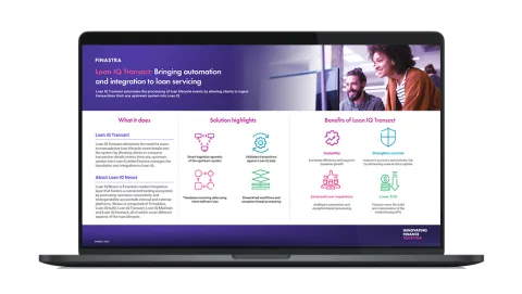 Image of laptop with cover slide of "Loan IQ Transact: Streamlining loan servicing through integration" infographic