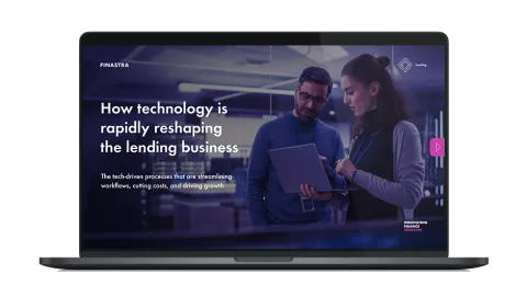 Image of laptop with cover slide of "How technology is rapidly reshaping the lending business" white paper
