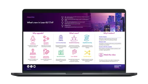Image of laptop with cover slide for the "Loan IQ 7.7.4: Smarter Corporate Lending" infographic