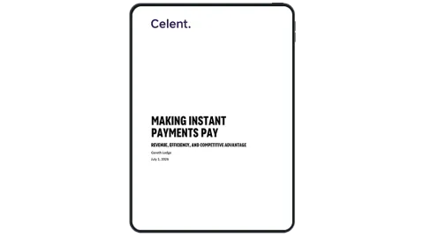 Image of tablet with cover slide of "Making instant payments pay: Revenue, efficiency, and competitive advantage" report