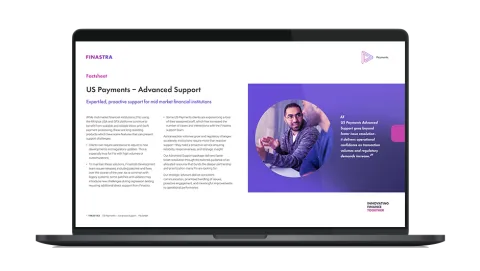 Image of laptop with cover slide of "US Payments Advanced Support: Proactive expertise for high‑performance US payment operations" brochure