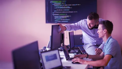 Software developers reviewing code and collaborating at computer workstations