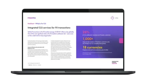 Image of laptop with cover slide of "Finastra PAYplus for CLS: Integrated CLS services for FX transactions" brochure