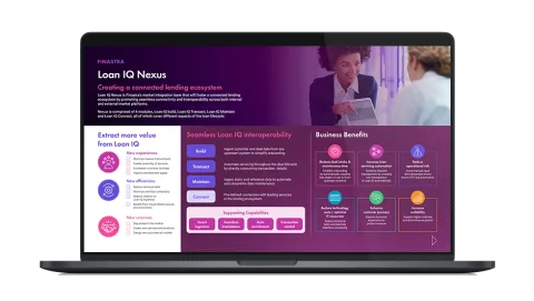 Image of laptop with cover slide for the "Loan IQ Nexus: Bringing interoperability to the loan market" infographic