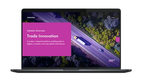 Image of laptop with the cover slide of the "Modernizing trade finance for a connected world" solution overview