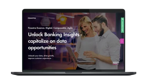 Image of laptop with cover slide for the "Unlock banking insights - capitalize on data opportunities" brochure