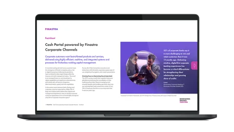 Image of laptop with cover slide for "Cash Portal powered by Finastra Corporate Channels" brochure