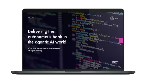 Image of laptop with cover slide of "Delivering the autonomous bank in the Agentic AI world" whitepaper