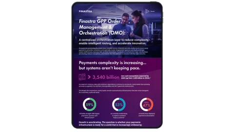 Image of tablet with cover slide of "Finastra GPP Order Management & Orchestration: A centralized orchestration layer for modern payments" infographic